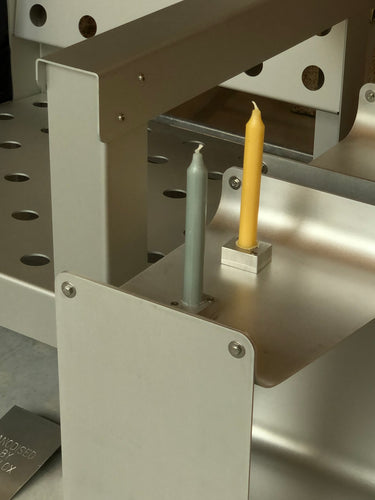 Aluminium, side table, candleholder, reclaimed materials. Re-use